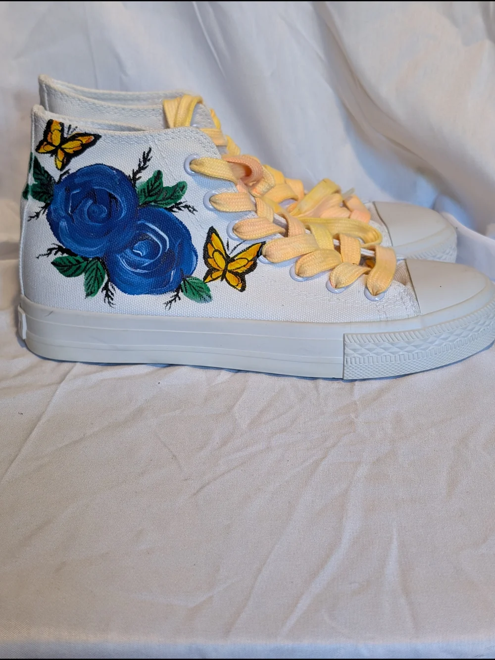 Hand Painted White Koko Art High-Tops with Blue Roses & Yellow Butterflies